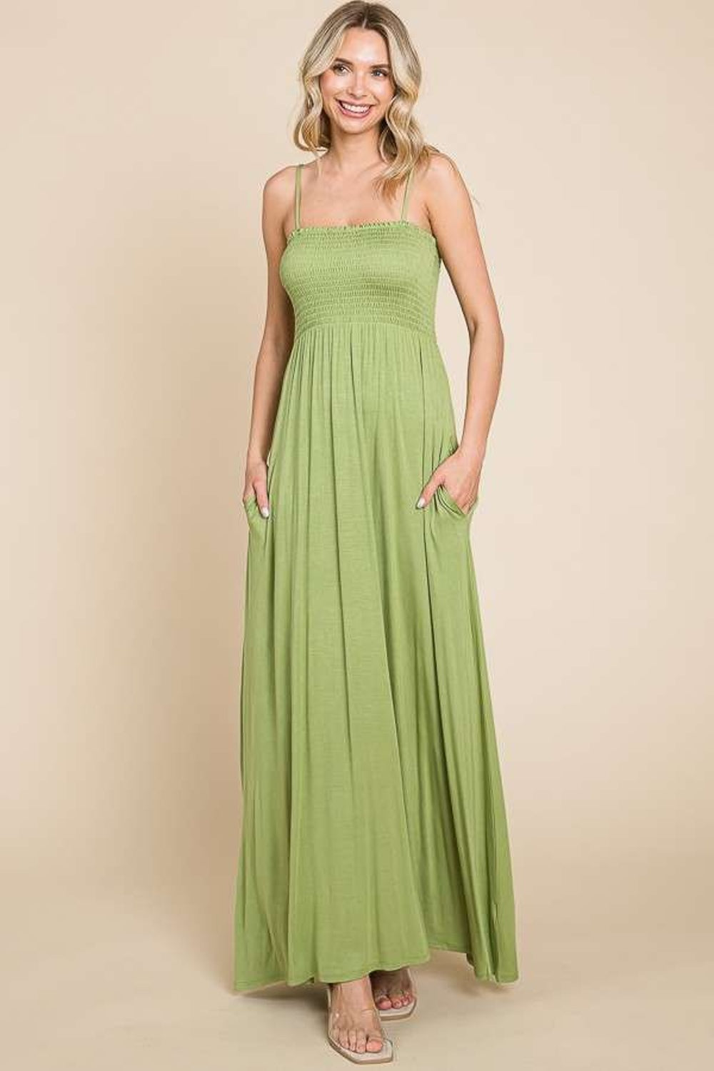 slim fit dress slacks Pear Green Sleeveless Midi Clemenza Dress