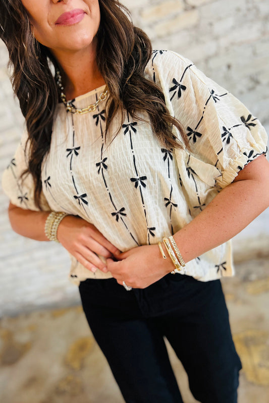 Beige Bow Print  Top
