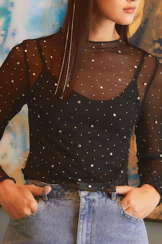 Carla Black Rhinestone Sheer Mesh Top