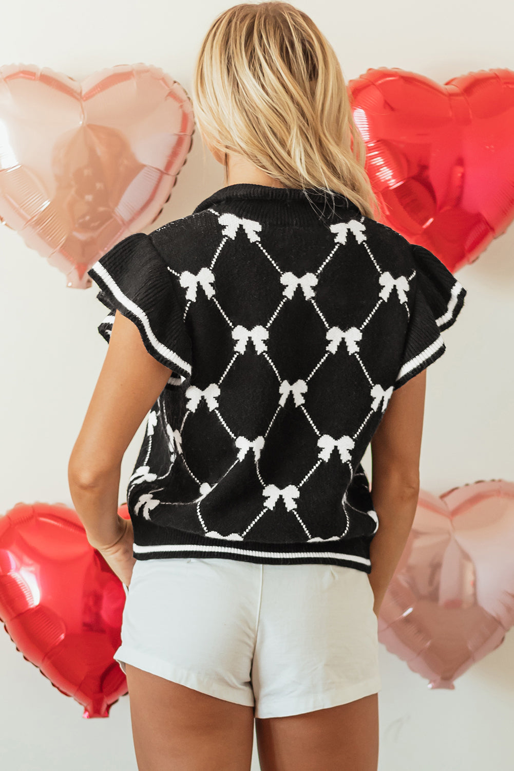 Vibes Bow Print Zipped Collar Sweater Tee
