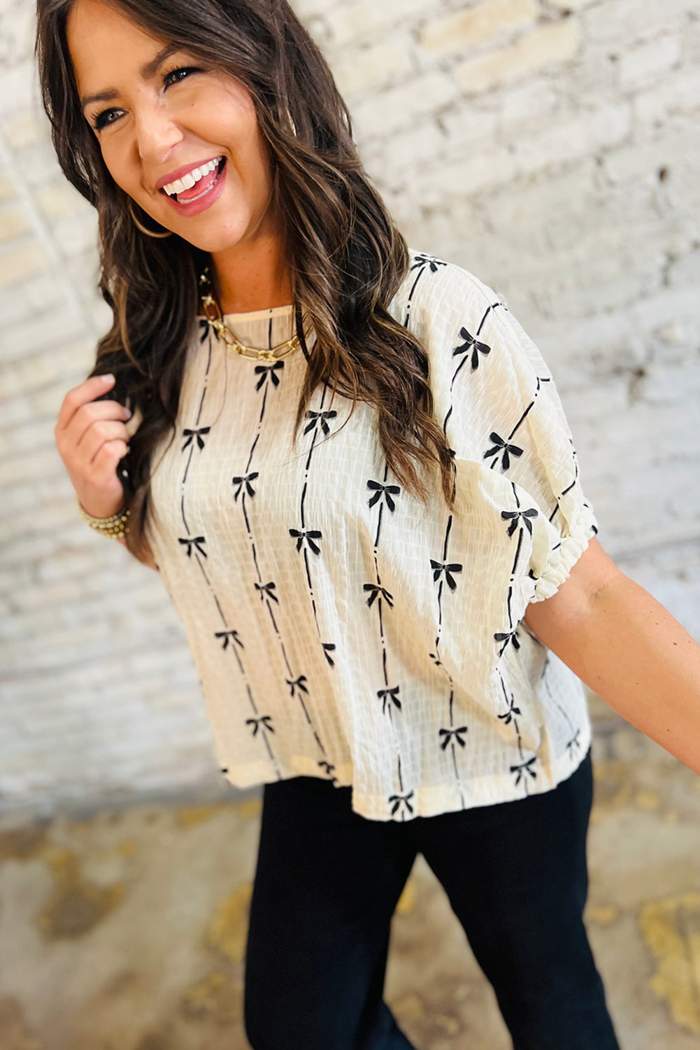 Beige Bow Print  Top