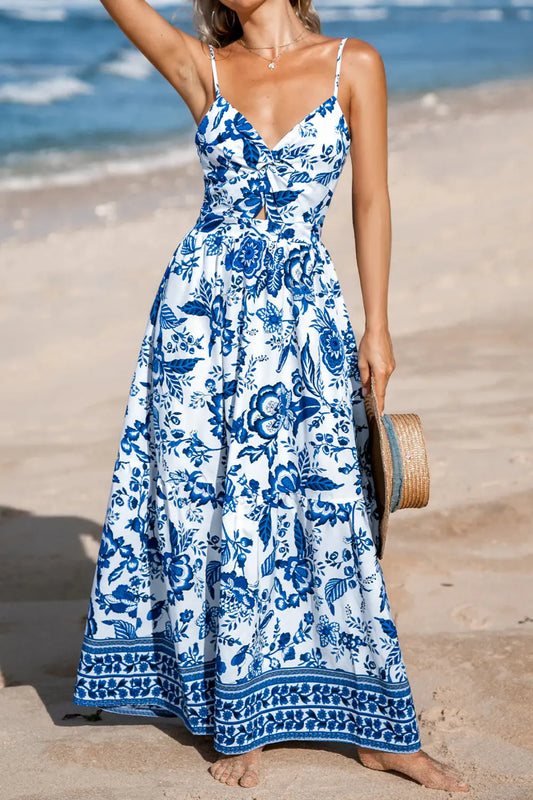 Lily Sky Blue Twisted Bust Spaghetti Straps Backless Floral Maxi Dress