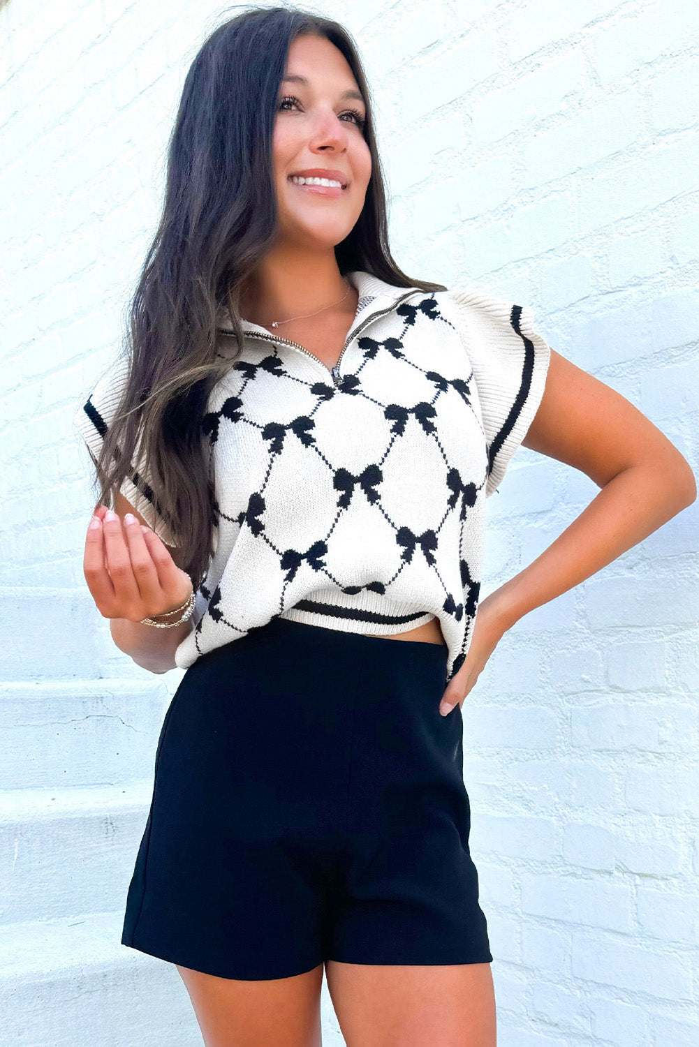 Vibes Bow Print Zipped Collar Sweater Tee