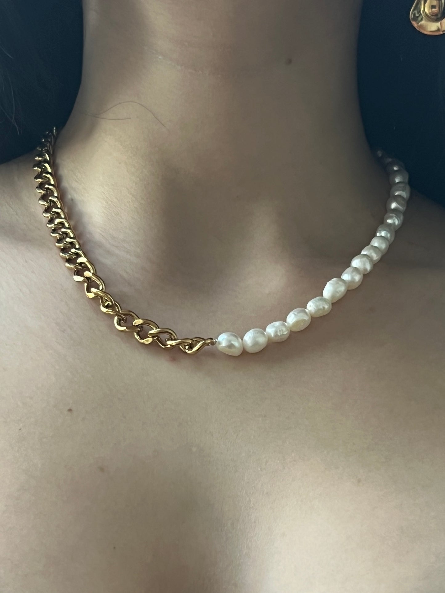 Half & Half Pearl Cuban Stainless Steel Necklace