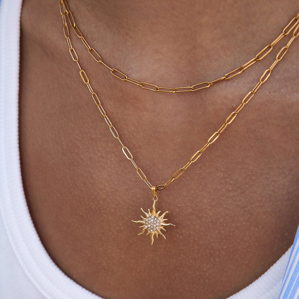 Solar Burst Stainless Steel Double Chain Necklace