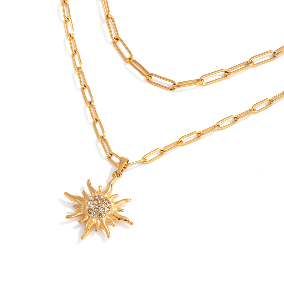 Solar Burst Stainless Steel Double Chain Necklace