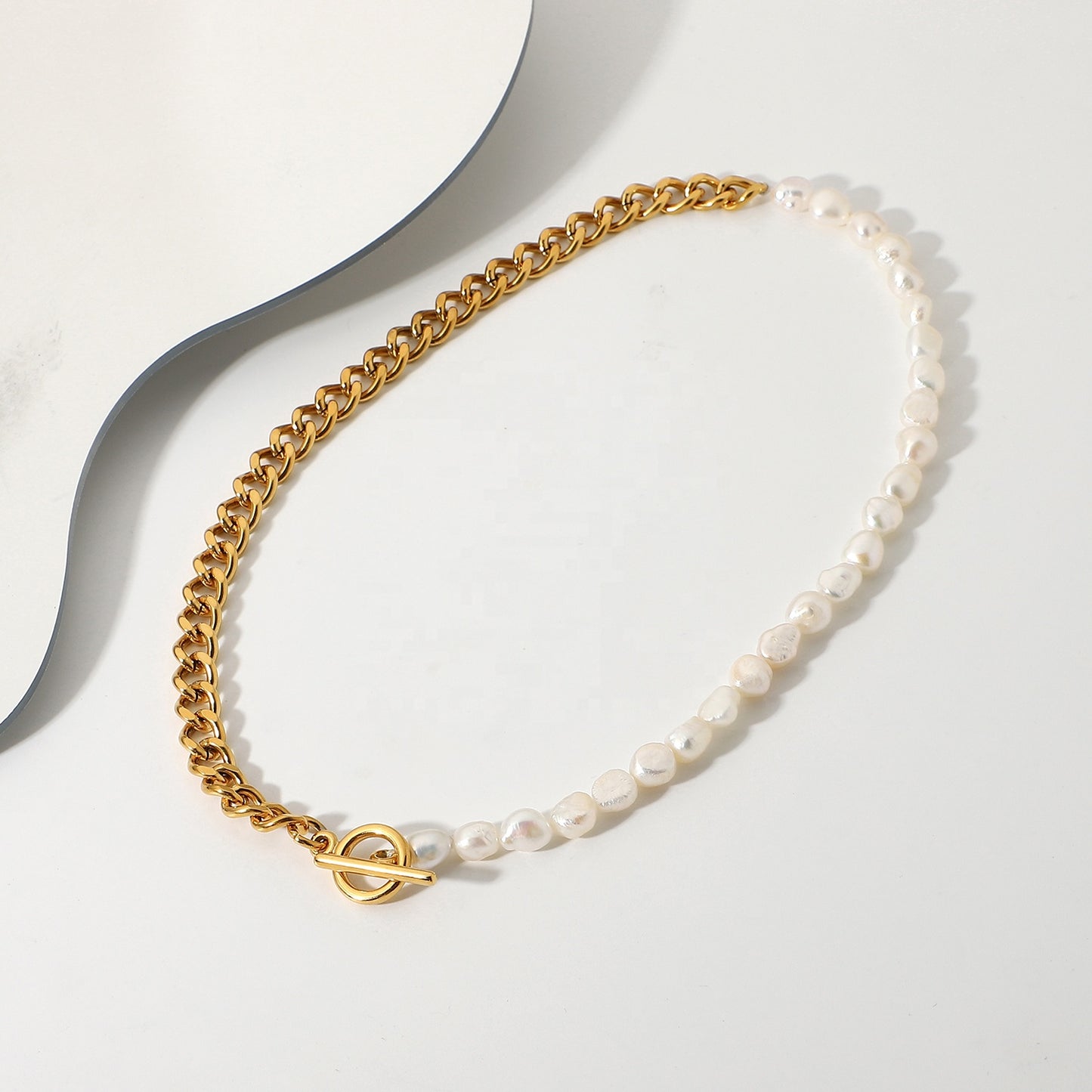 Half & Half Pearl Cuban Stainless Steel Necklace