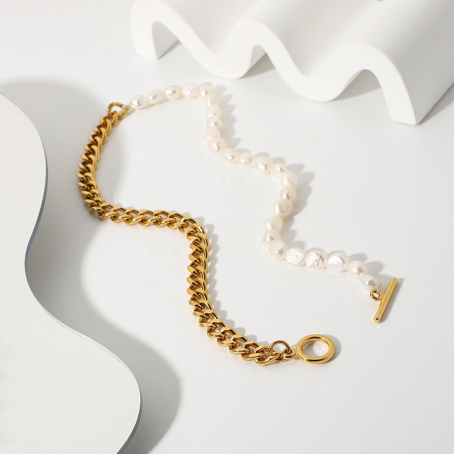 Half & Half Pearl Cuban Stainless Steel Necklace