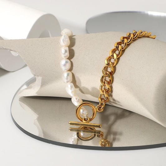 Half & Half Pearl Cuban Stainless Steel Necklace