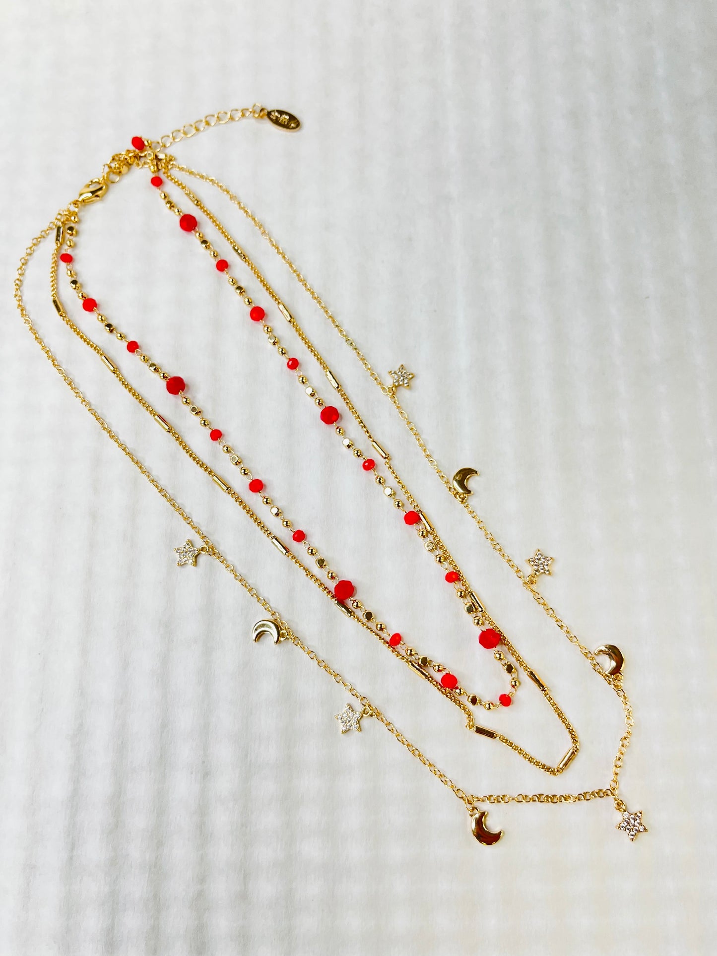 Crimson Charms Triple Chain Stainless Steel Necklace