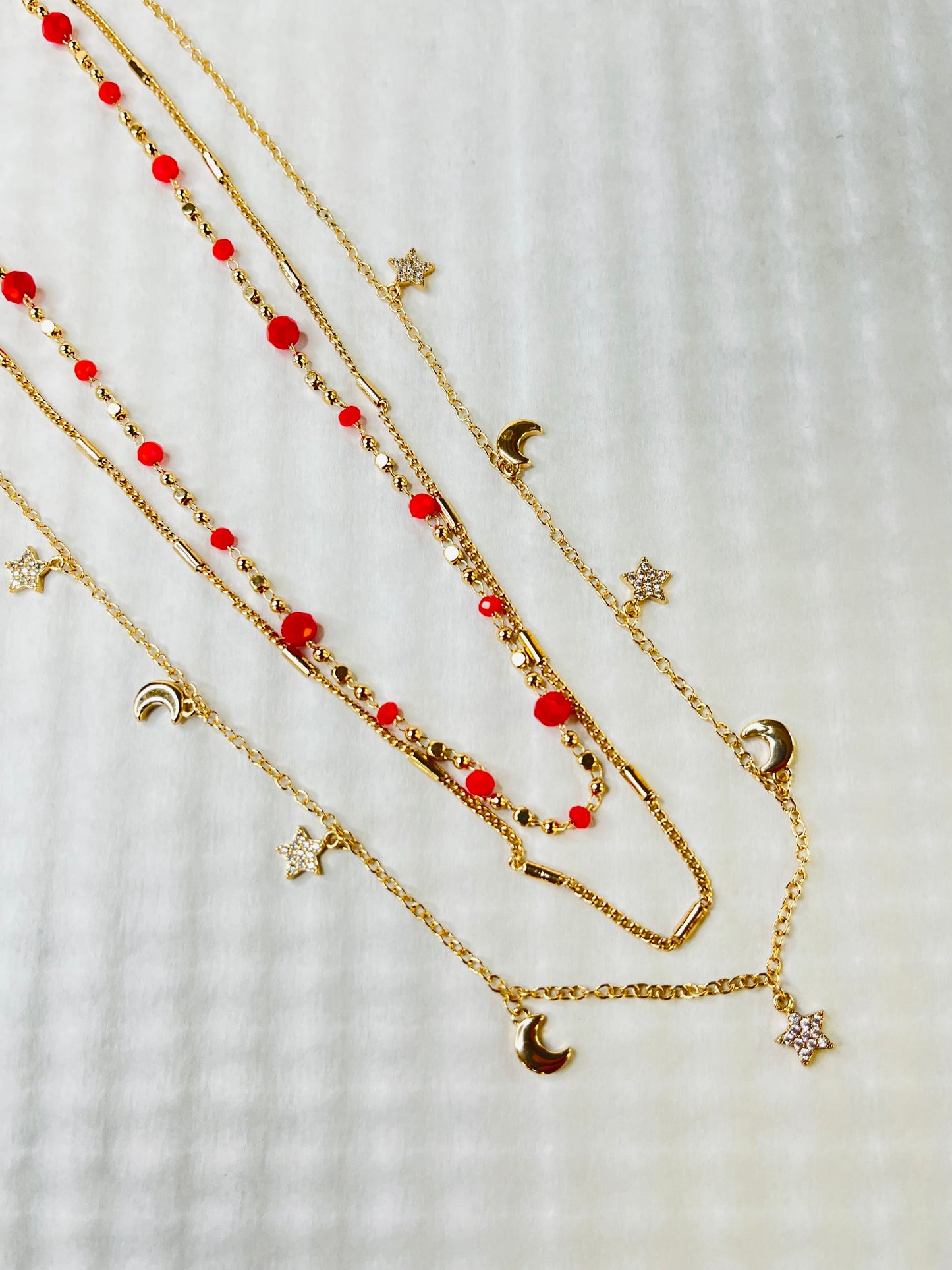Crimson Charms Triple Chain Stainless Steel Necklace