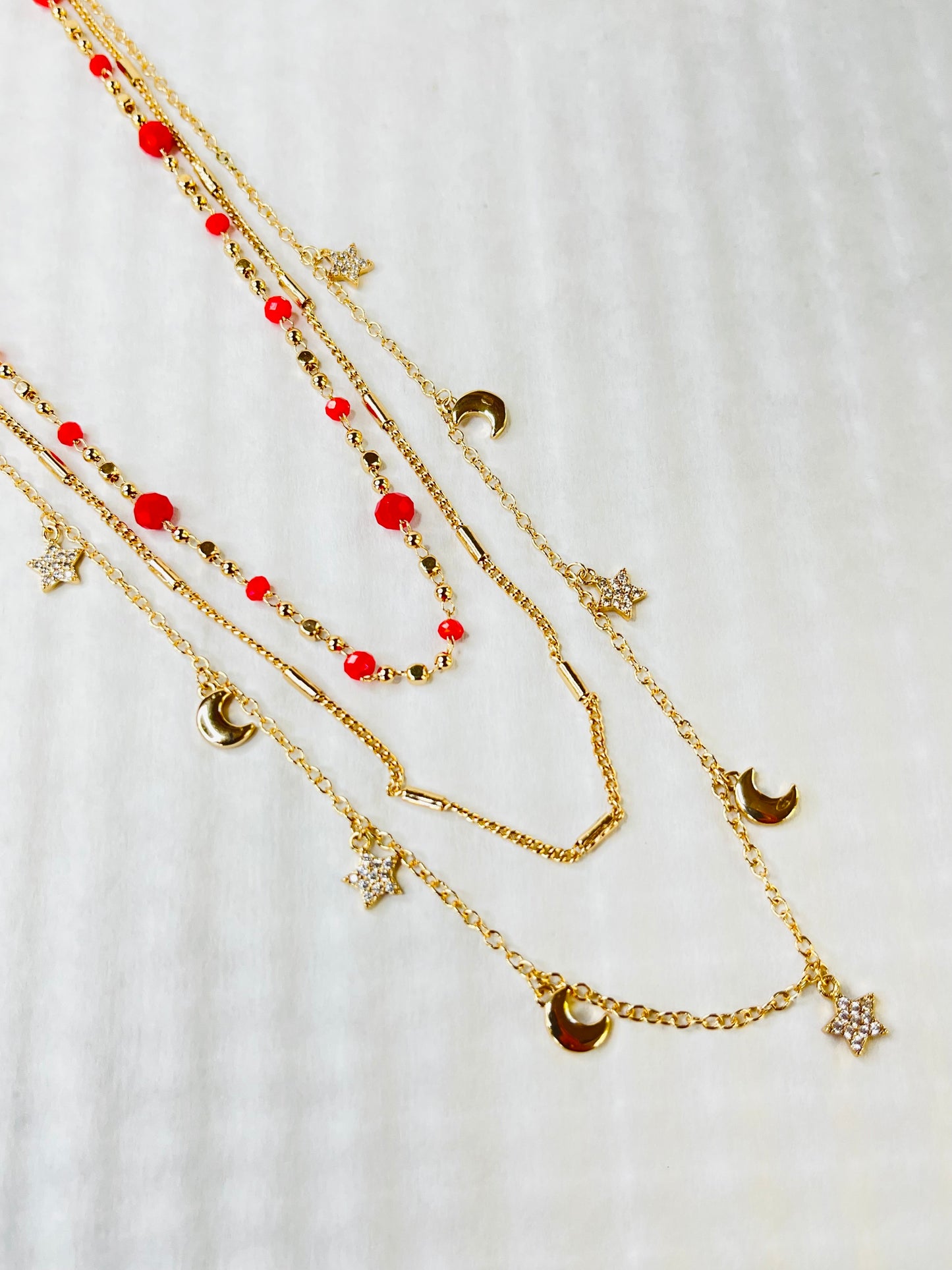 Crimson Charms Triple Chain Stainless Steel Necklace