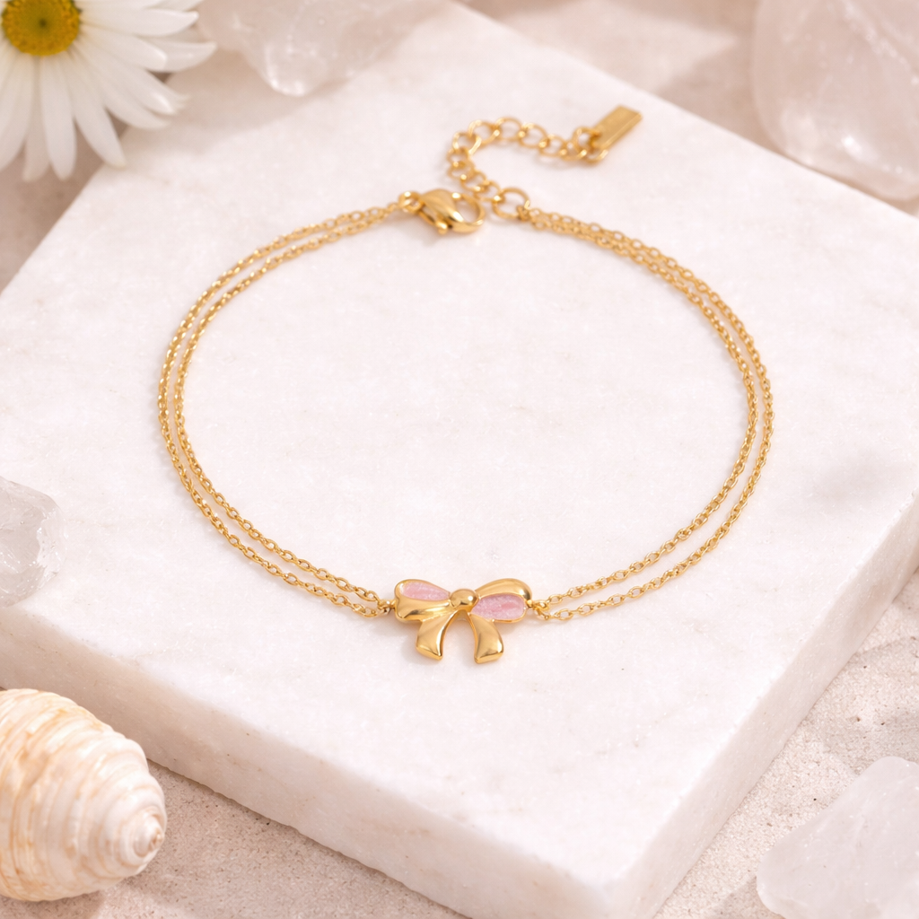 Double chain bow stainless steel bracelet