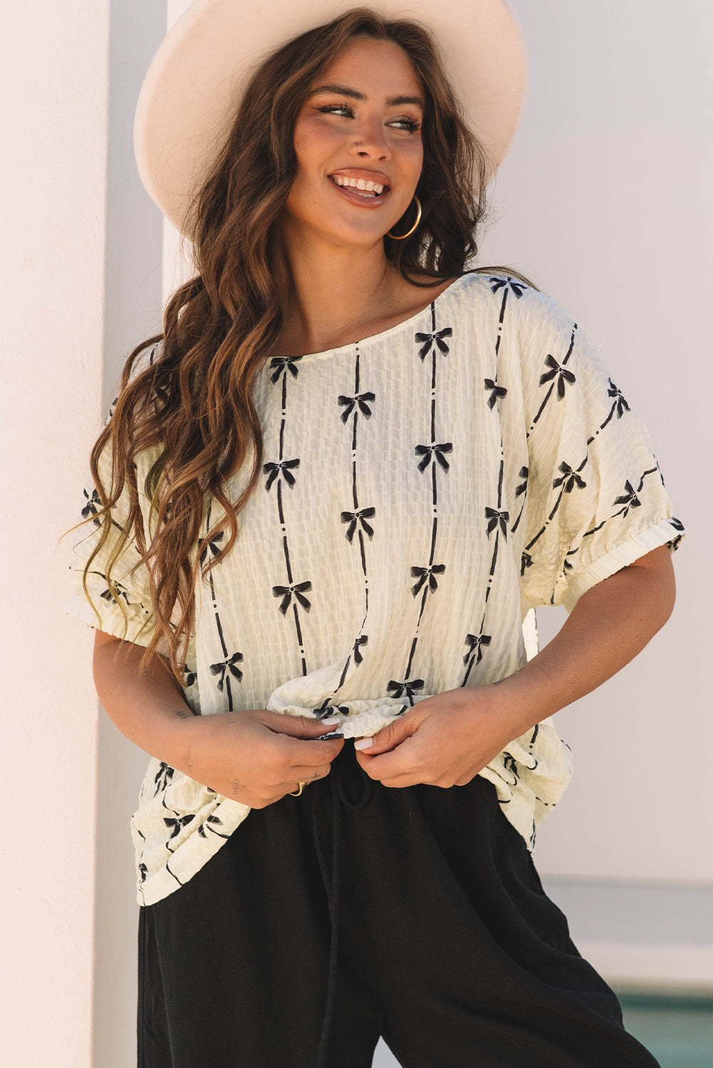 Beige Bow Print  Top