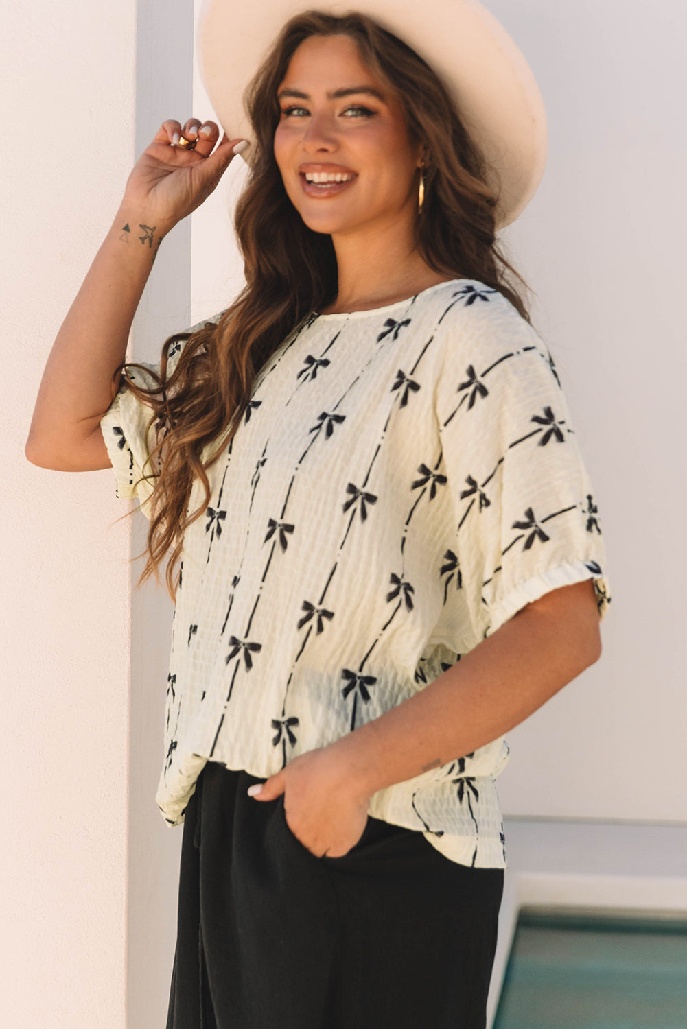 Beige Bow Print  Top