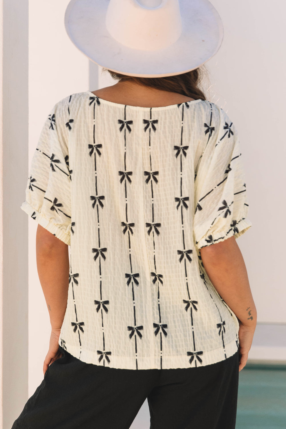 Beige Bow Print  Top
