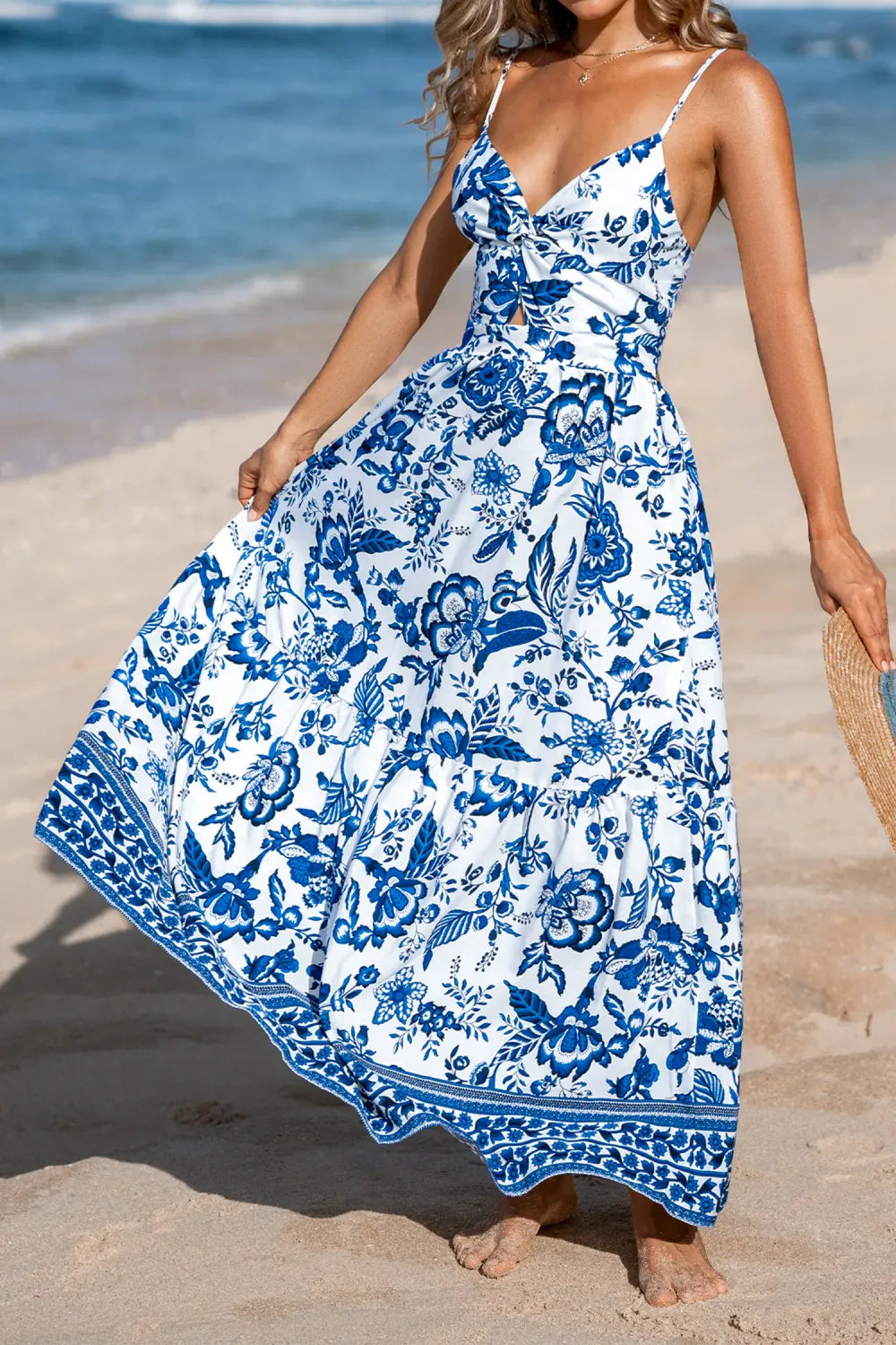 Lily Sky Blue Twisted Bust Spaghetti Straps Backless Floral Maxi Dress