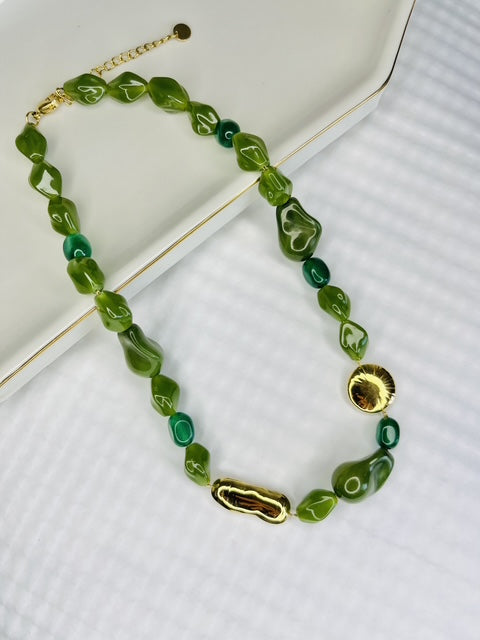 Green Beaded Statement Stainless Steel Necklace