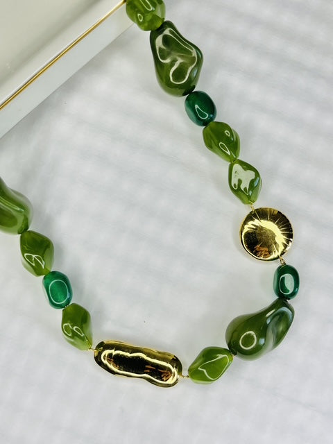Green Beaded Statement Stainless Steel Necklace