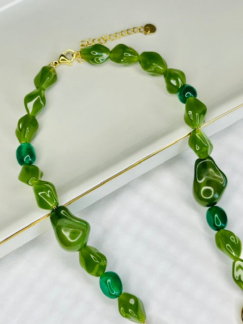 Green Beaded Statement Stainless Steel Necklace