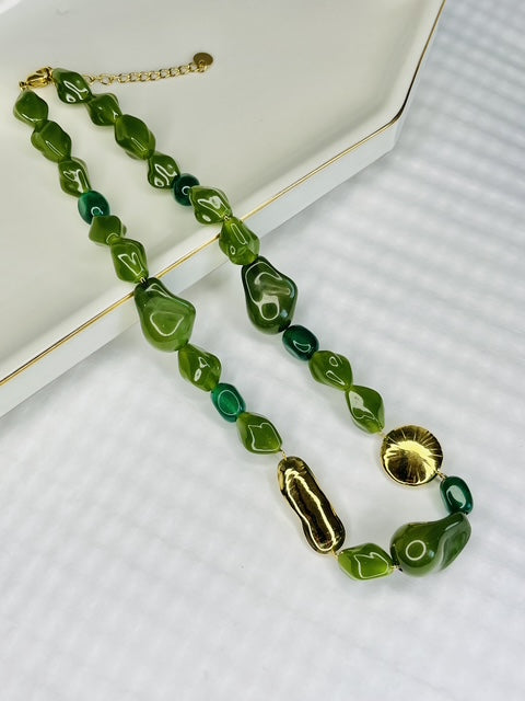 Green Beaded Statement Stainless Steel Necklace