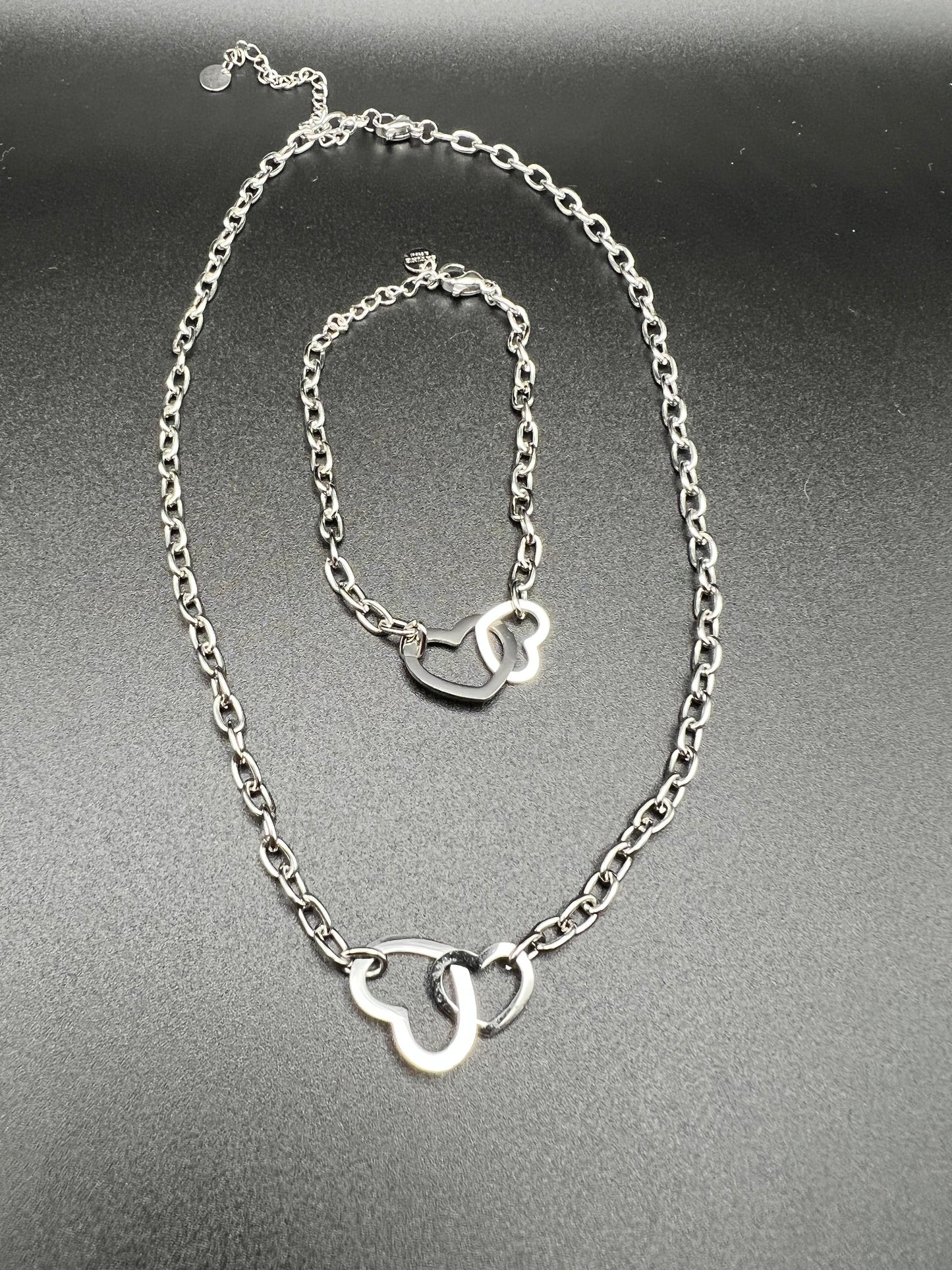Stainless Steel Connected Hearts Necklace and Bracelet